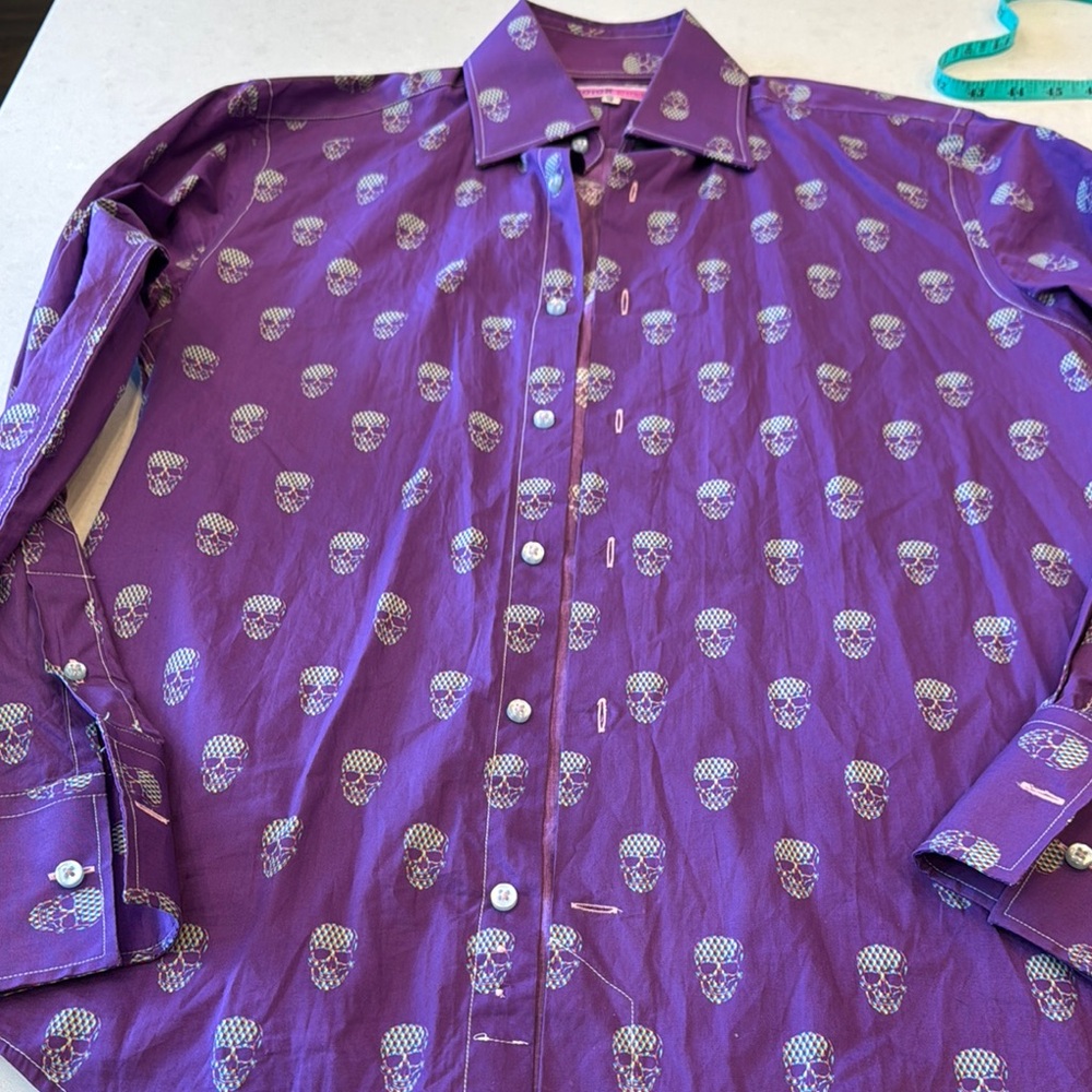Coton Doux Purple Skull Print Men's Shirt excellent condition. 38-15.